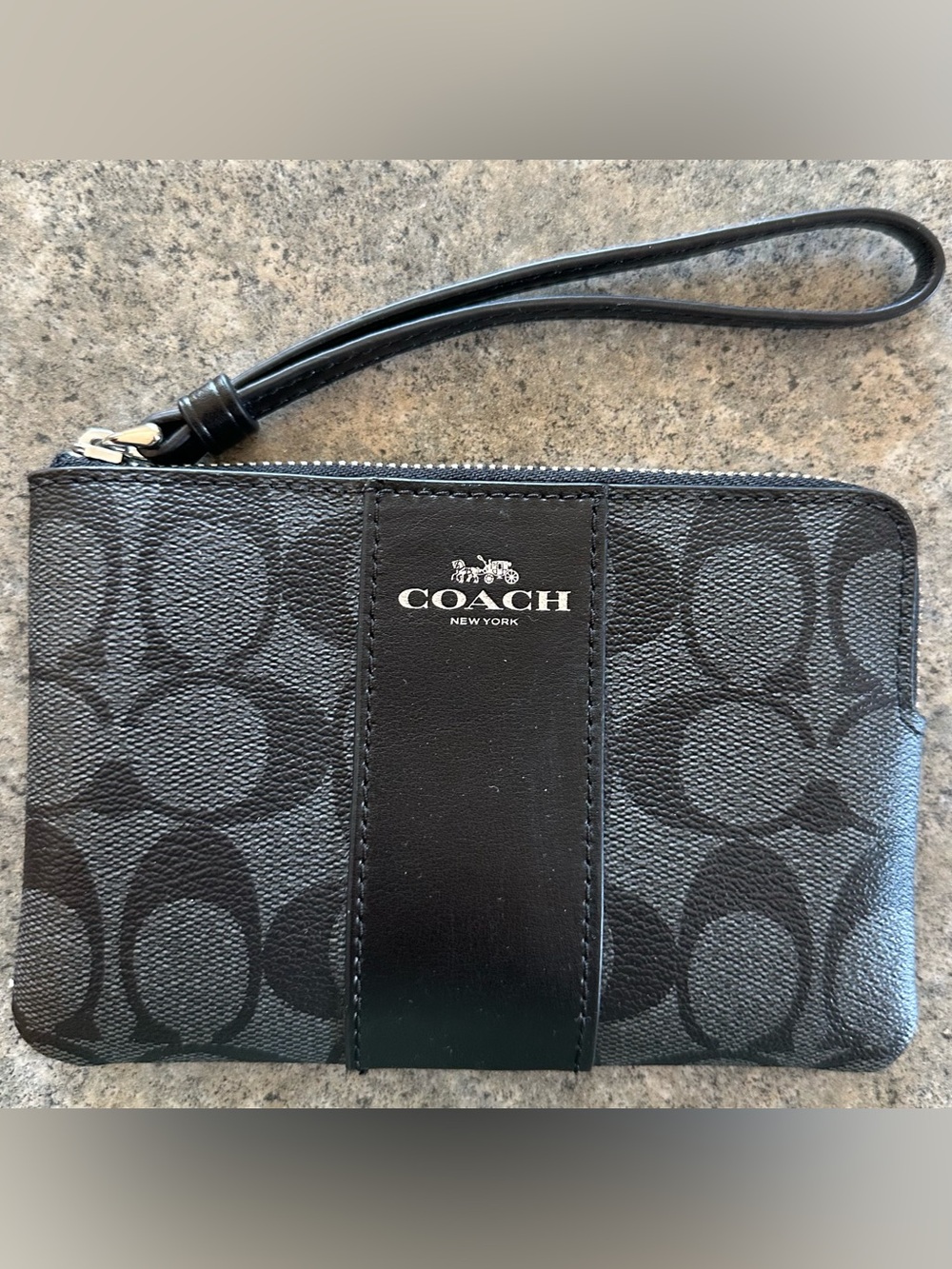 Coach Black Signature Canvas Wristlet with Silver Logo